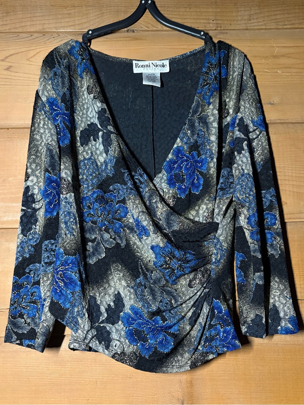 Vintage Black & Blue Floral Whimsigoth Top Ronnie Nicole 90s Lace Faux Wrap